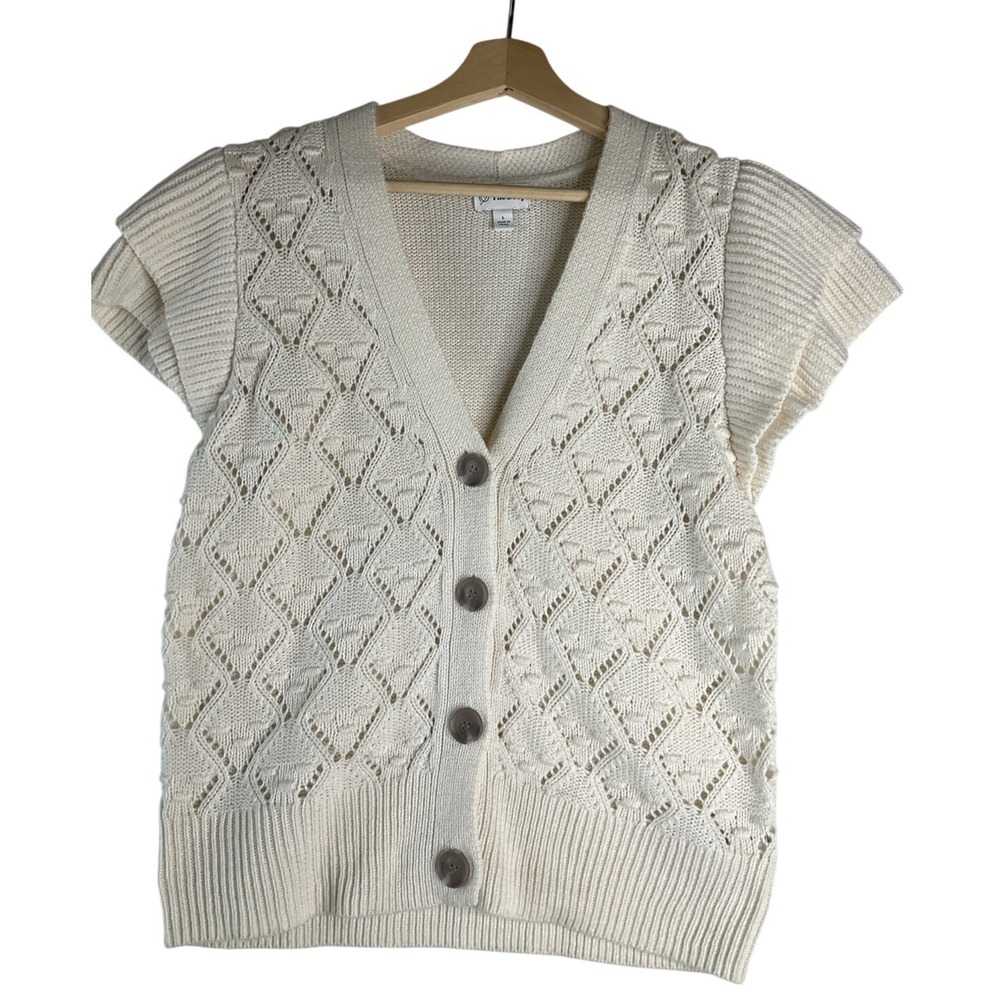 Crochet Cardigan Sweater Crop Cottagecore Cream Flutter Sleeve Button Up Boho L